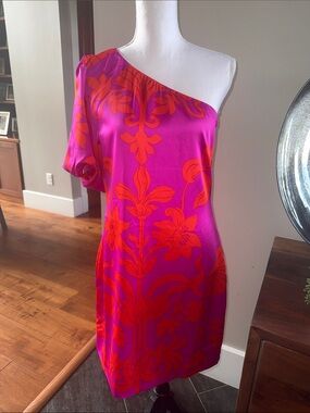 Sugarlips Vallie One-Shoulder Vacation Pink and Orange Floral Satin Shift Dress